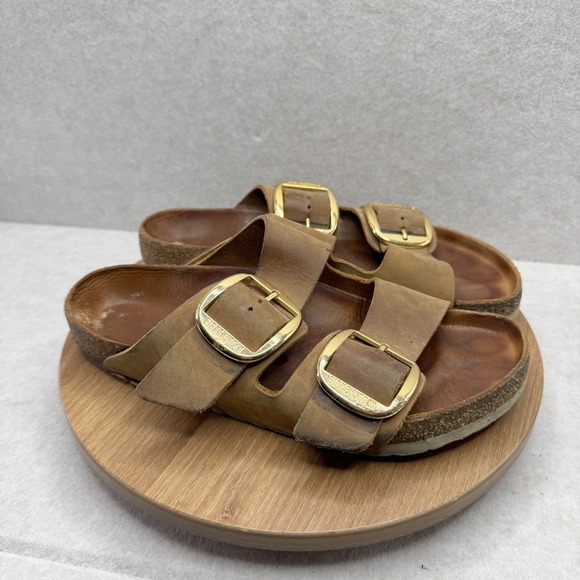 Birkenstock Arizona Brown Tan Leather Big Gold Buckle Slide Sandals Sz 41 10 8 - Picture 2 of 11